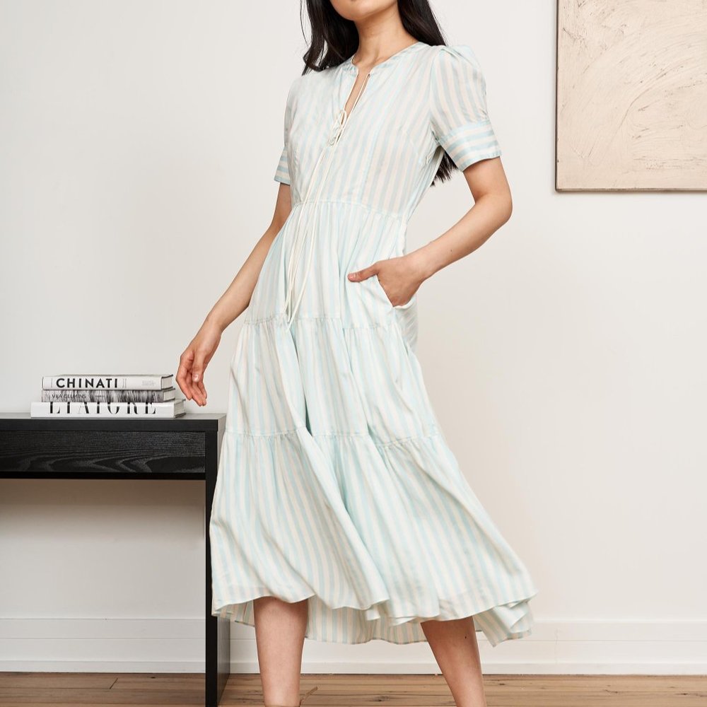 La Ligne Pale Blue & Ivory Izzy Dress Midi Short Sleeves Women's Size XL NWT